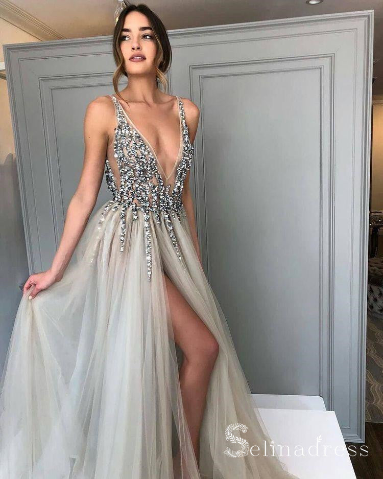 Open Back Deep V-neck Long Sparkly Slit Prom Dresses Sexy Evening Dress SED015