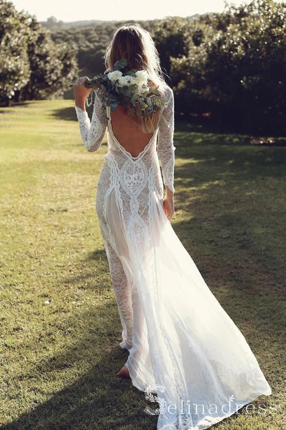 Lace Long Sleeves Boho Wedding Dresses with Open Back – loveangeldress