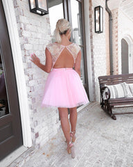 Pink A-line Cap Sleeve Cute Homecoming Dress Short Prom Dresses With Sequins MHL110