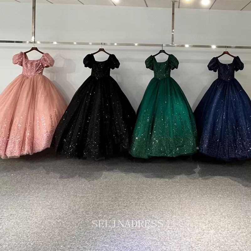 Pink Princess Puff Sleeve Sequins Sweet 16 Beaded Ball Gown Evening Dresses LS5594 Selinadress