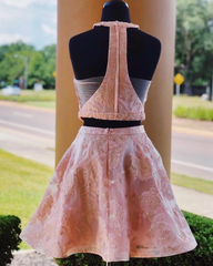 Pink  Two Piece Homecoing Dress Cute Embroidery Short Graduation Dress #MHL073