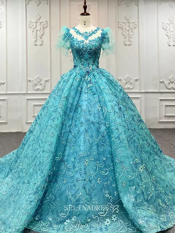 Princess Embroidery Puff Sleeve Blue Prom Ball Gown Bridal Evening Dress DY9873 Selinadress