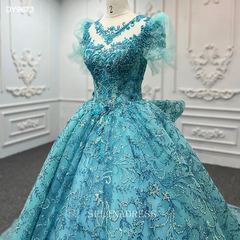 Princess Embroidery Puff Sleeve Blue Prom Ball Gown Bridal Evening Dress DY9873 Selinadress