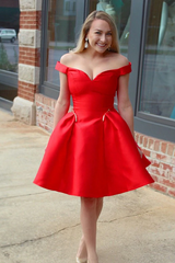 A-Line Off-the-Shoulder Knee-Length Red Satin Pockets Homecoming Dress GJS664