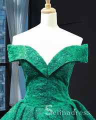 Real Picture Green Lace Sweep Train Custom Made Prom Dress Ball Gown Quinceanera Dress SED068|Selinadress