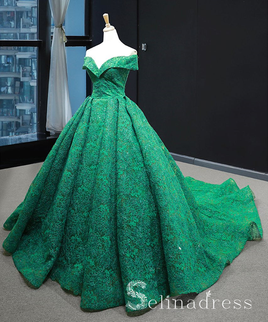 Real Picture Green Lace Sweep Train Custom Made Prom Dress Ball Gown Quinceanera Dress SED068|Selinadress