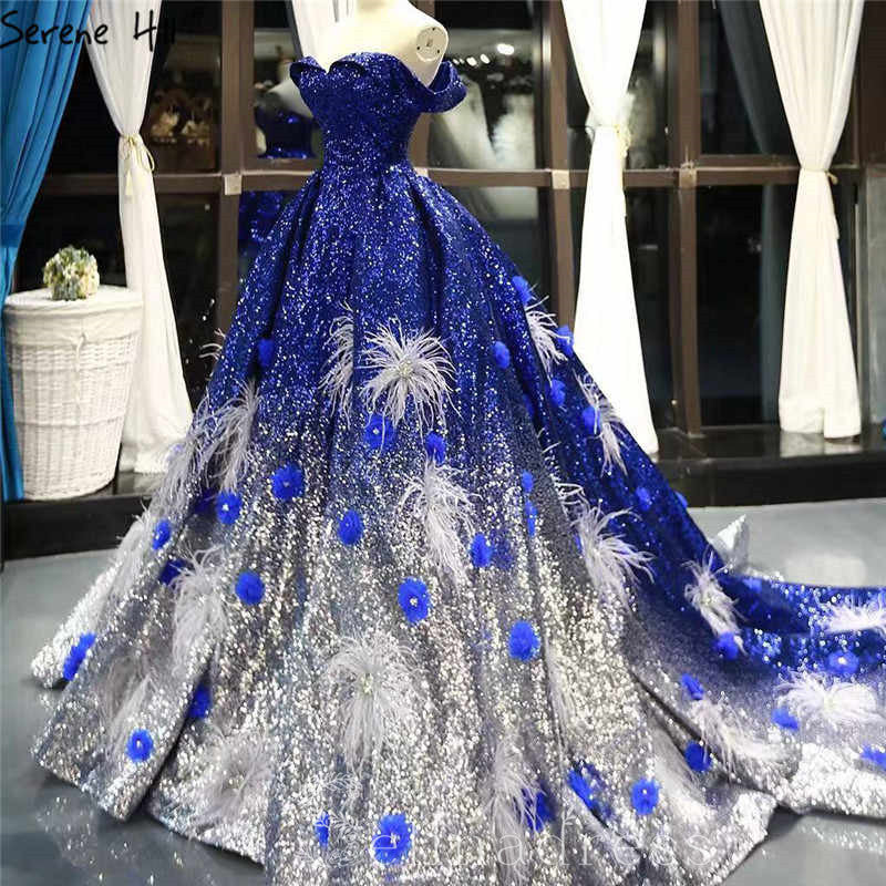 Royal Blue Off Shoulder Evening Dresses Ball Gown Sequined Formal Gown #SED210