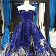 Royal Blue Off Shoulder Evening Dresses Ball Gown Sequined Formal Gown #SED210