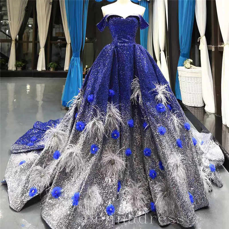 Royal Blue Off Shoulder Evening Dresses Ball Gown Sequined Formal Gown #SED210