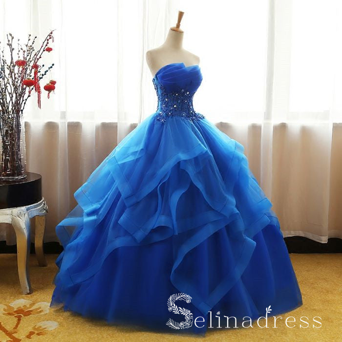 Royal Blue Strapless Lace Long Prom Dress Ball Gown Evening Dress SED109