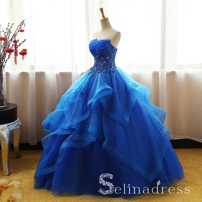 Royal Blue Strapless Lace Long Prom Dress Ball Gown Evening Dress SED109