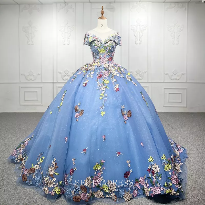 Scoop Neck Blue Flower Elegant Gowns For Evening Women Dress Short Sleeve Ball Gown Dress LS9942 Selinadress