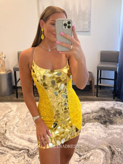 Scoop Spaghetti Straps Yellow Homecoming Dresses Sparkly Short Prom Dress Sequins Cocktail Dresses #TKL085|Selinadress