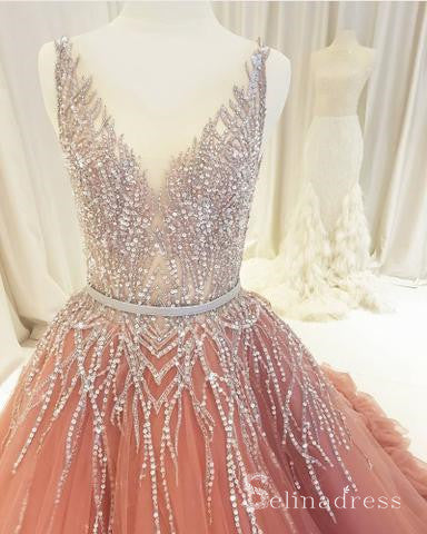 A-line Pink V neck Princess Long Prom Dress Evening Gown With Beading SED057