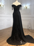 Selinadres Off-the-shoulder Lace Long Prom Dress Black Evening Gown CBD003