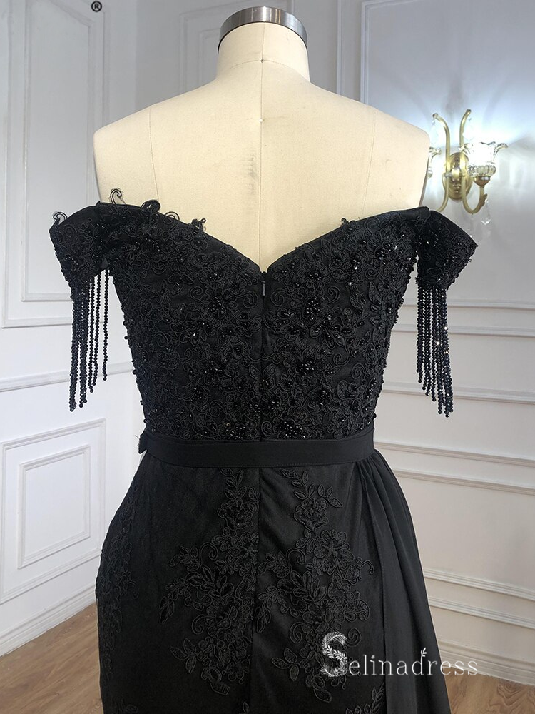 Selinadres Off-the-shoulder Lace Long Prom Dress Black Evening Gown CBD003