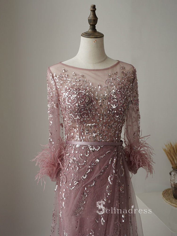 Selinadres Scoop Long Sleeve Beaded Long Prom Dress Luxurious Evening Formal Gown SC101