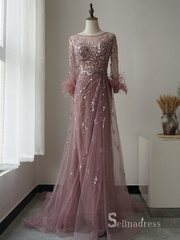 Selinadres Scoop Long Sleeve Beaded Long Prom Dress Luxurious Evening Formal Gown SC101