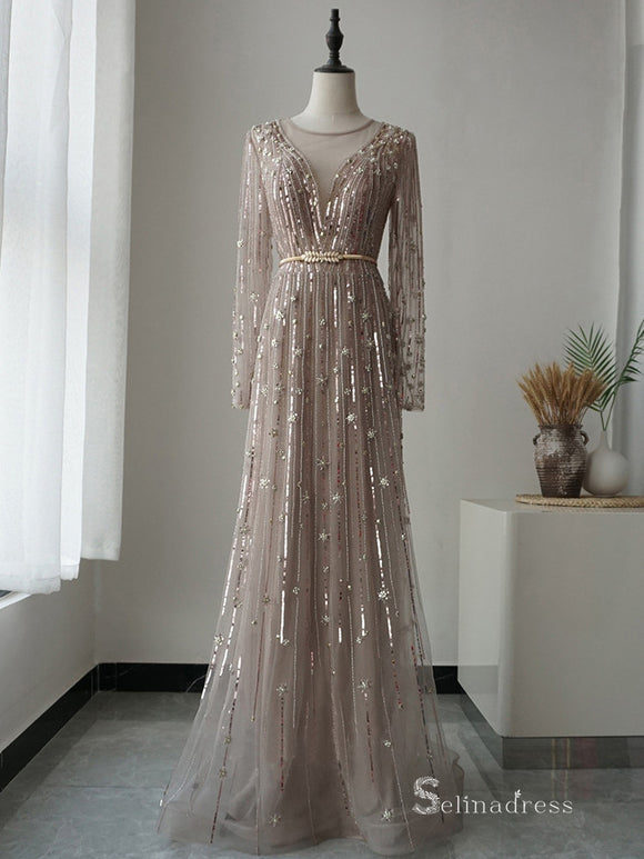 Plunge Neck Lantern Sleeve Split Thigh Sequin Formal Dress  Long sleeve  formal gowns, Fancy prom dresses, Evening gowns elegant