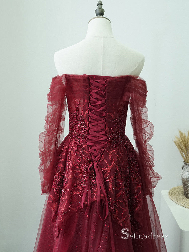 Selinadress Burgundy Long Sleeve Long Prom Dress Formal Evening Gowns SC084