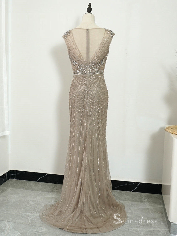 Selinadress Dubai Luxury Bateau Champagne Prom Dress Evening Dress Formal Gown SC0106