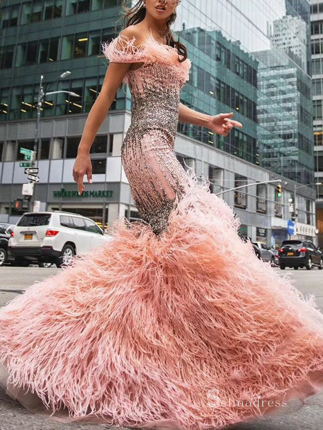 Selinadress Dubai Luxury Pink Prom Dress With Feather Tassels Evening Formal Gown SC0107