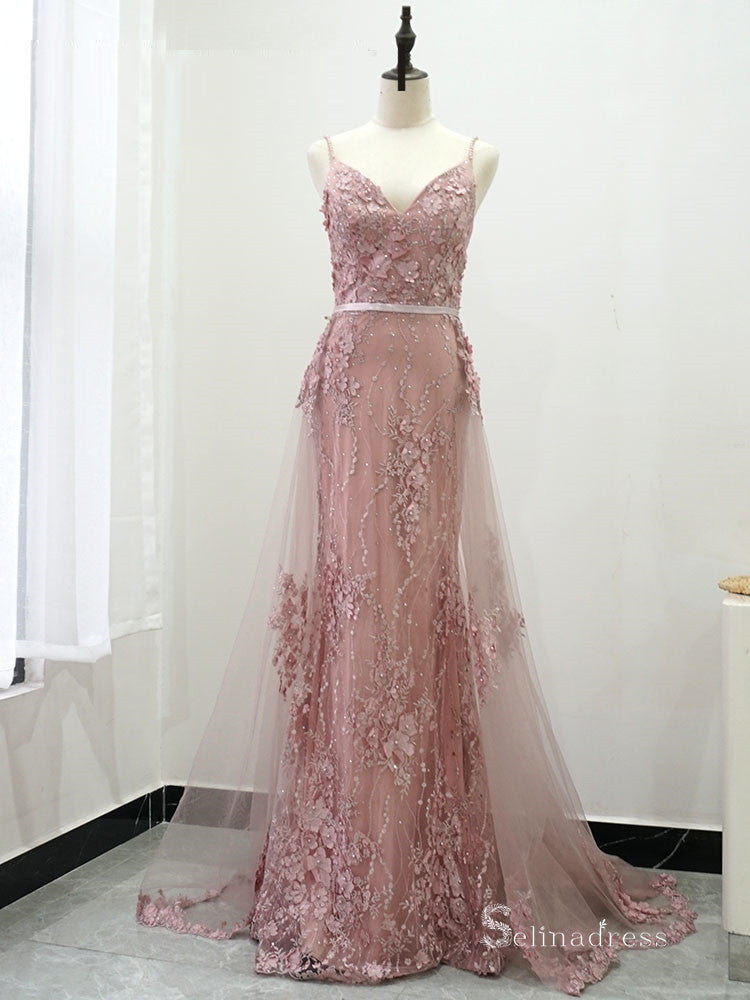 Selinadress Elegant 3d Floral Lace Pink Prom Dress Spaghetti Straps Evening Dress Formal Gown SC0102