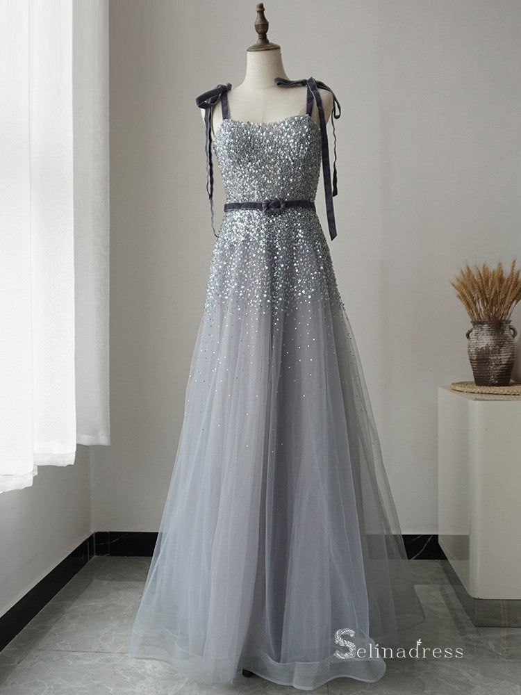 Selinadress Elegant A-line Spaghetti Straps Silver Prom Dress Formal Evening Gowns SC076