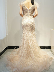 Selinadress Luxury V neck Prom Dress Elegant Feather Tassel Evening Dress Formal Gown SC099