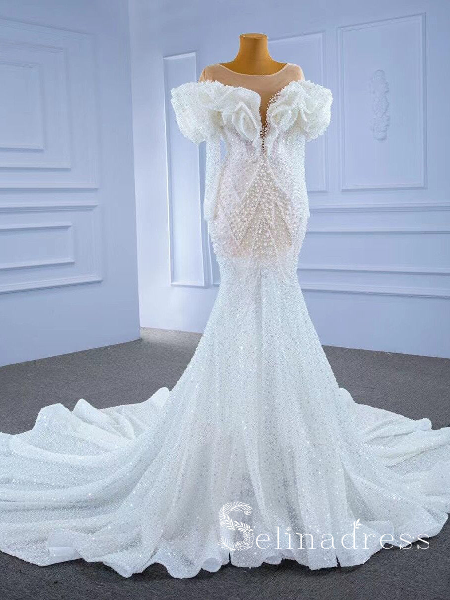 Selinadress Mermaid Scoop Long Sleeve Beaded Sequins Wedding Dress Bridal Gowns SPL67280|Selinadress