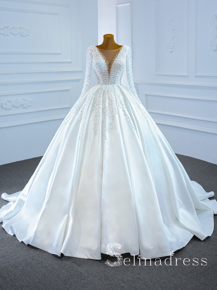 Selinadress Scoop Long Sleeve Beaded Wedding Dress Unique White Bridal Gowns SPL67210|Selinadress