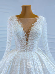 Selinadress Scoop Long Sleeve Beaded Wedding Dress Unique White Bridal Gowns SPL67210|Selinadress