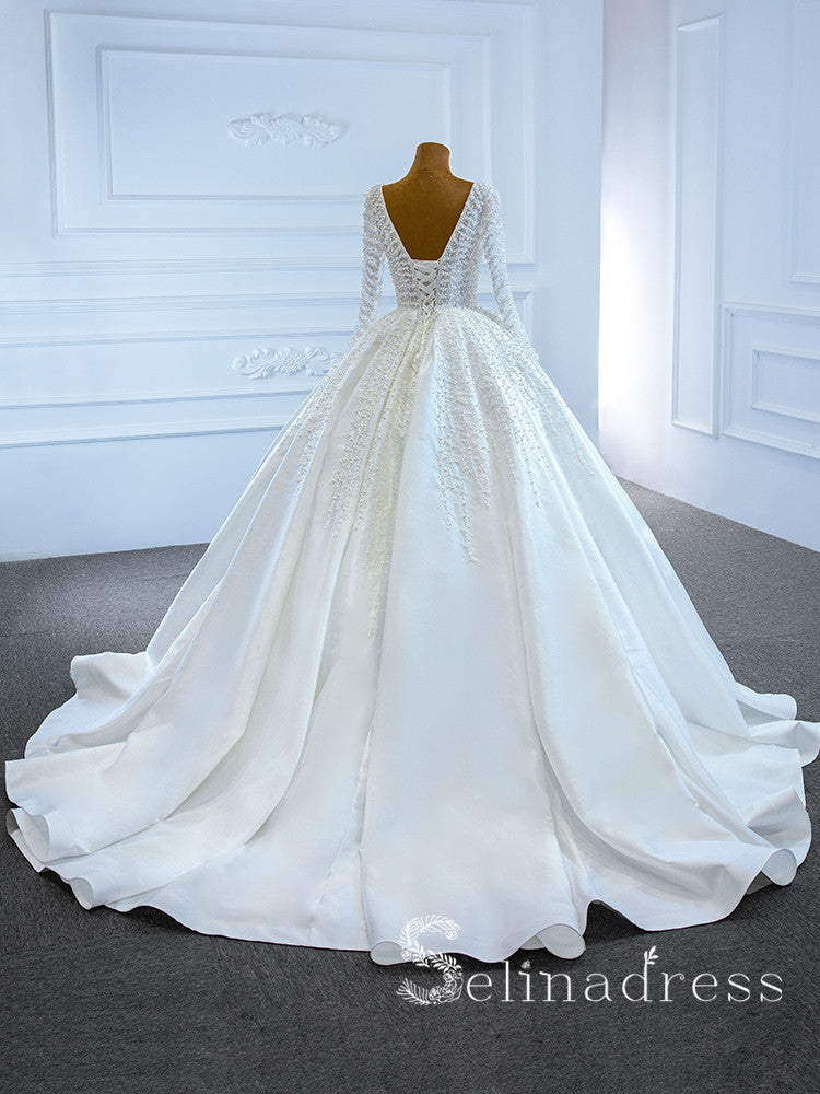 Selinadress Scoop Long Sleeve Beaded Wedding Dress Unique White Bridal Gowns SPL67210|Selinadress