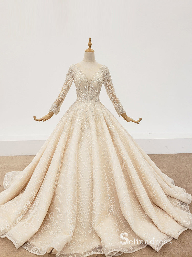 Selinadress Scoop Long Sleeve Luxury illusion Wedding Dress Princess W ...