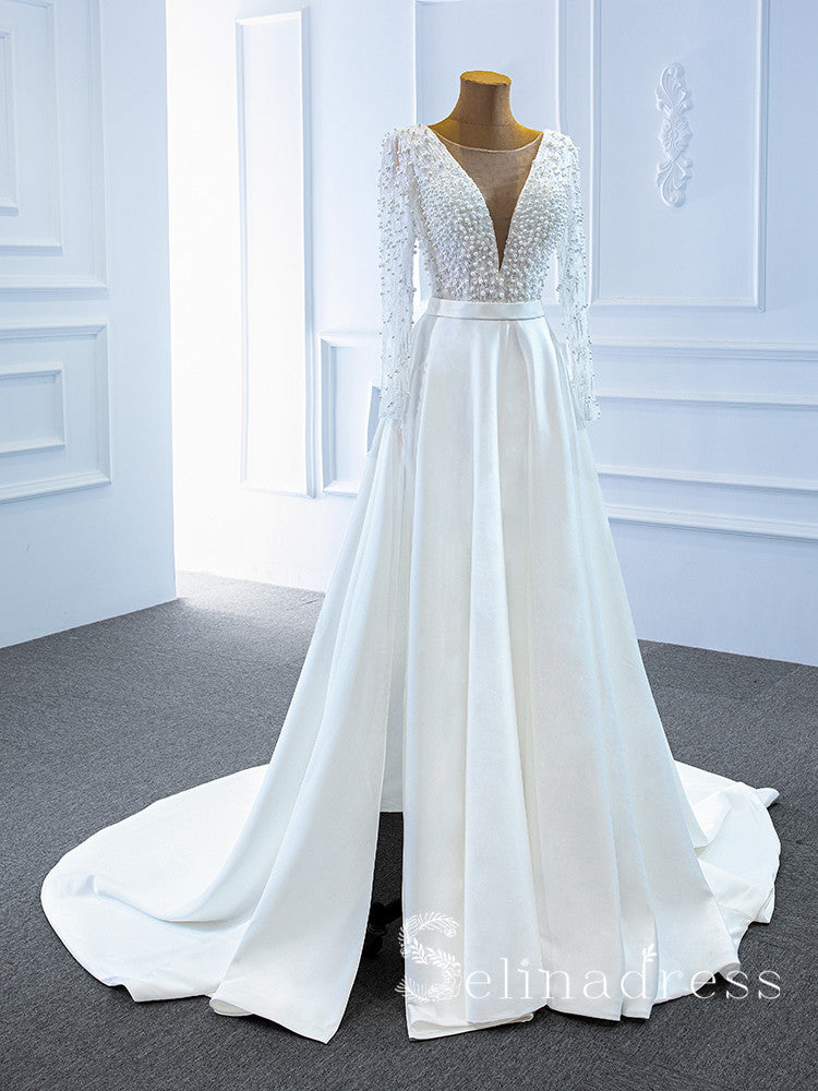 Selinadress Scoop Long Sleeve Satin Wedding Dress White Beaded Bridal Gowns SPL67197|Selinadress