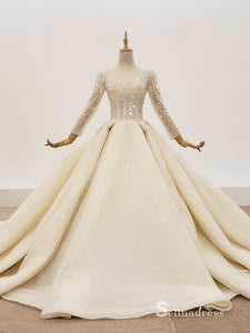 Magical Sparkly Long Sleeve Ball Gown with Square Neck Wedding Dress