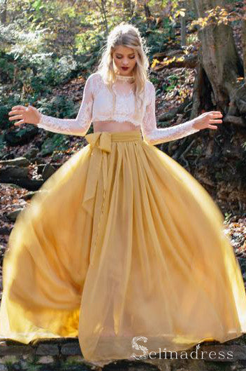 Two Pieces Long Sleeve Rustic Country Wedding Dresses See Through Yellow Bridal Gowns SEW052