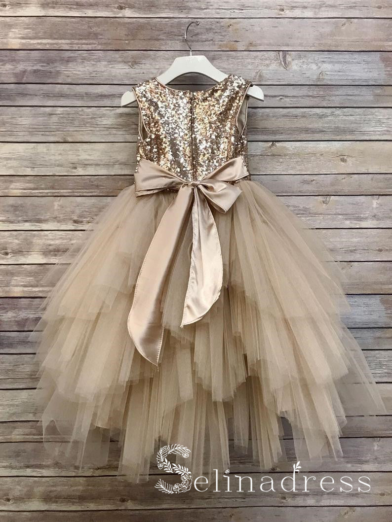 Sequin Top Flower Girl Glam Dress Gold Big Bow Flower Girl Dresses GRS SELINADRESS