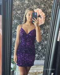 Sheath/Column Grape Homecoming Dresses 2022 Sequins Bodycon Mini Cocktail Dresses #TKL015|Selinadress