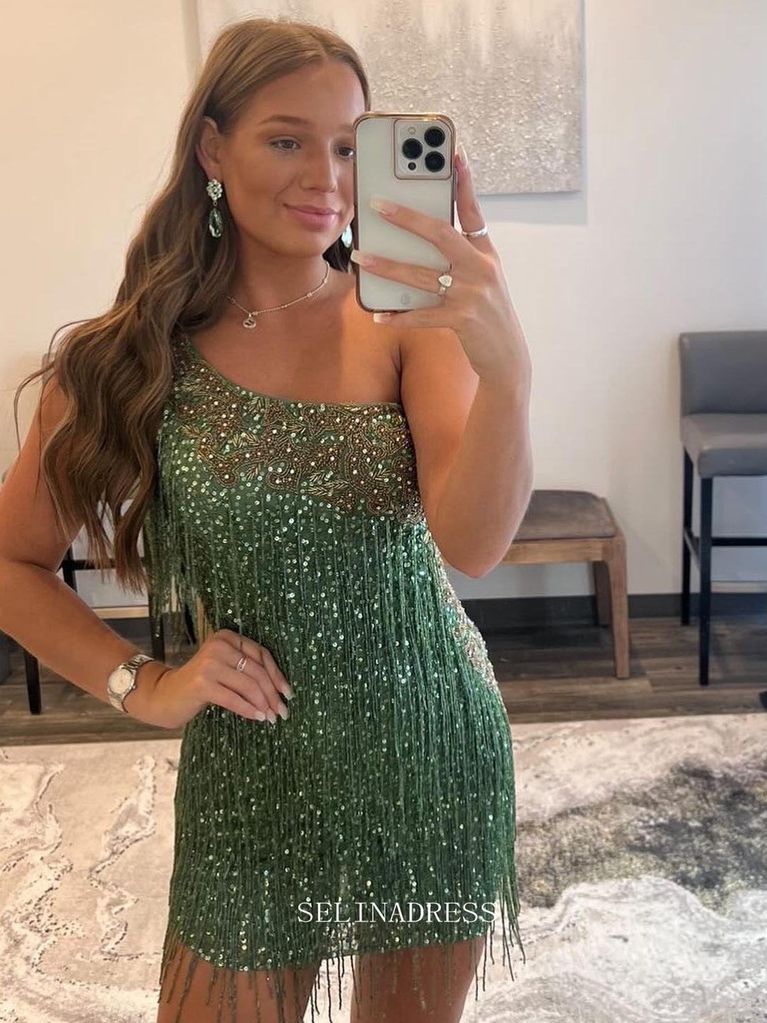 Sheath/Column One Shoulder Green Short Prom Dress Sparkly Beaded Homecoming Dresses Cocktail Dresses #TKL091|Selinadress