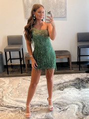 Sheath/Column One Shoulder Green Short Prom Dress Sparkly Beaded Homecoming Dresses Cocktail Dresses #TKL091|Selinadress