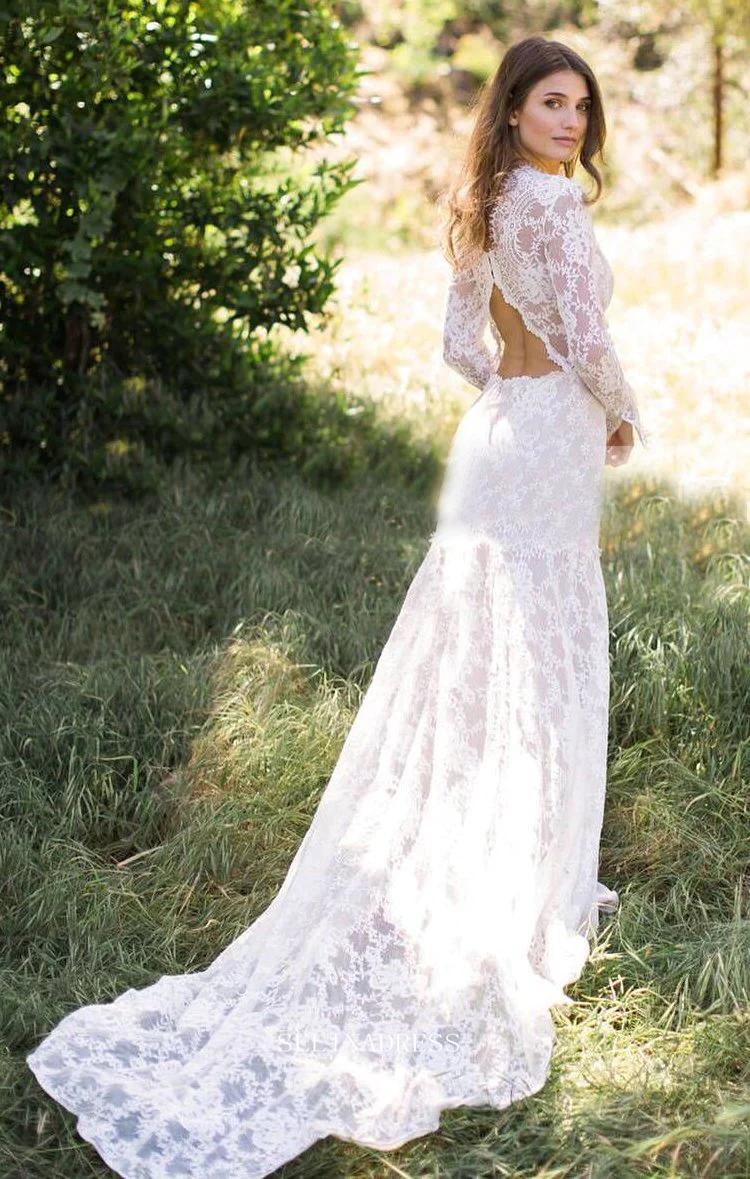 Sheath Long Sleeve Wedding Dresses Ivory Lace Wedding Dresses GRDK004 ...