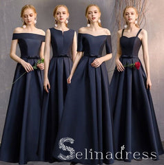 Simple Navy Blue A-Line Princess Bridesmaid Dresses Backless Long Wedding Party Dresses BRK010|Selinadress