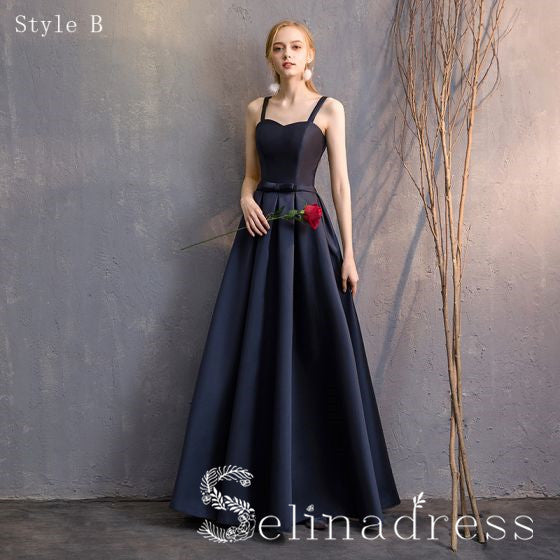 Simple Navy Blue A-Line Princess Bridesmaid Dresses Backless Long Wedding Party Dresses BRK010|Selinadress