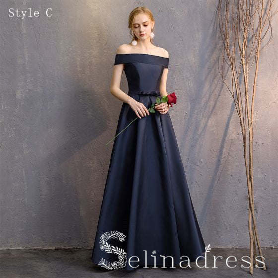 Simple Navy Blue A-Line Princess Bridesmaid Dresses Backless Long Wedding Party Dresses BRK010|Selinadress