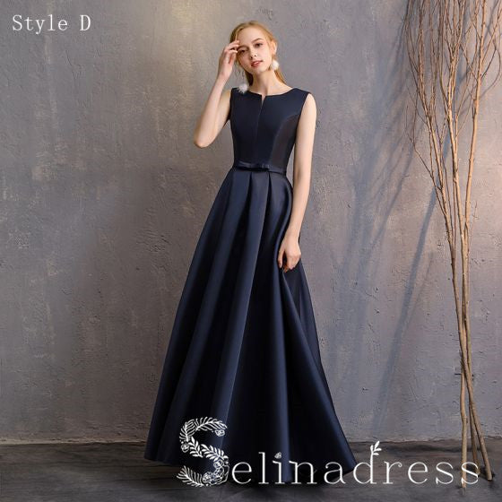 Simple Navy Blue A-Line Princess Bridesmaid Dresses Backless Long Wedding Party Dresses BRK010|Selinadress