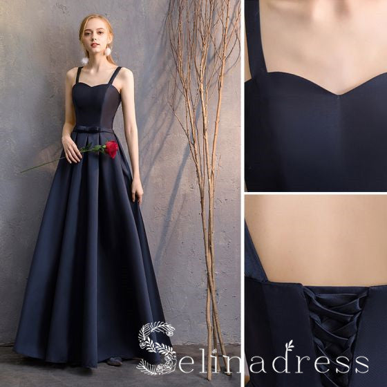 Simple Navy Blue A-Line Princess Bridesmaid Dresses Backless Long Wedding Party Dresses BRK010|Selinadress