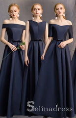 Simple Navy Blue A-Line Princess Bridesmaid Dresses Backless Long Wedding Party Dresses BRK010|Selinadress