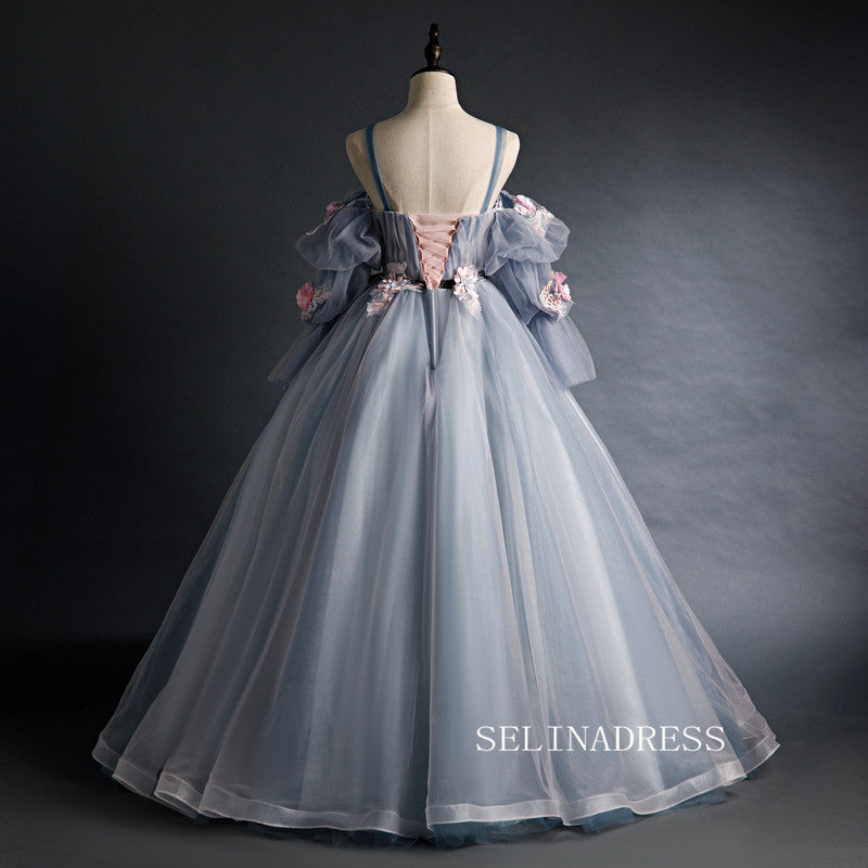 Spaghetti Straps Ball Gown Long Puff Sleeve Prom Dress With Flower Princess Quinceanera YUU007|Selinadress