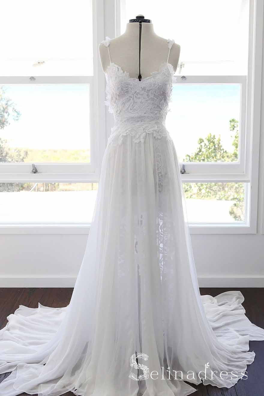 Spaghetti Straps Lace Wedding Dresses Beach Chiffon White Wedding Dress SEW045